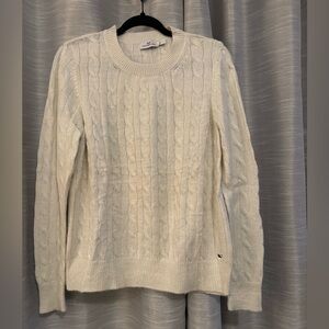 Vineyard Vines Ivory Cream Cable Knit Sweater Metallic Silver Threads EUC Large